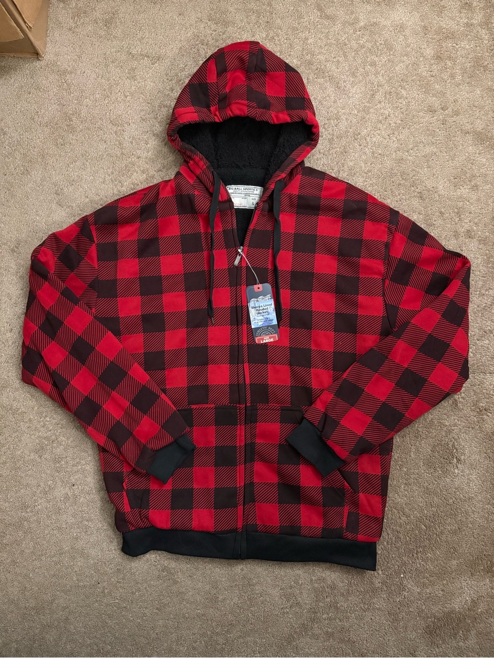 Big Ball Sports Men's L Brown Plaid Sherpa Lined Full Zip Hooded Jacket NWT